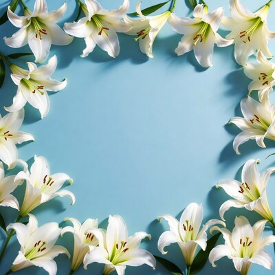 White Lilies in Circle on Blue Background
