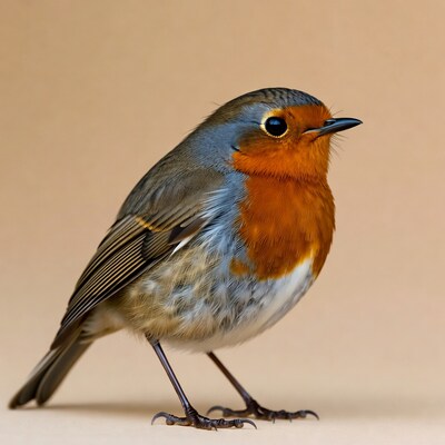 European Robin Standing on Beige Background