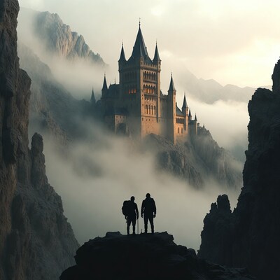 Silhouettes of men viewing misty castle
