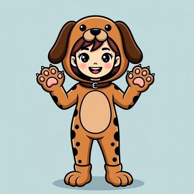 Girl in brown dog costume waving