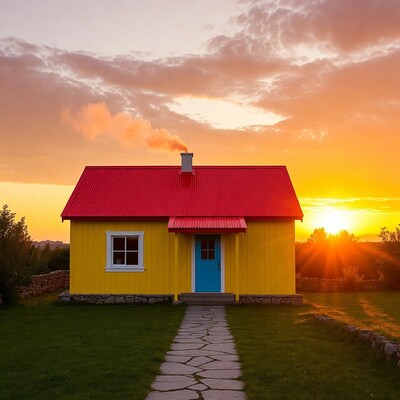 Yellow house with red roof at sunset
