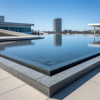 Infinity pool with skyscrapers and modern buildings