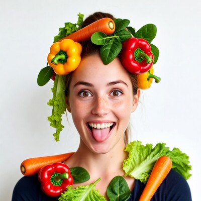 Woman wearing vegetable crown smiling