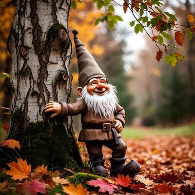 Gnome leaning against birch tree