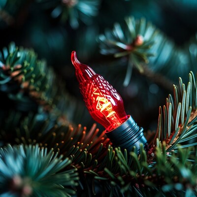 Red Christmas light on pine branches