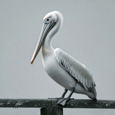 White pelican perched on wooden post