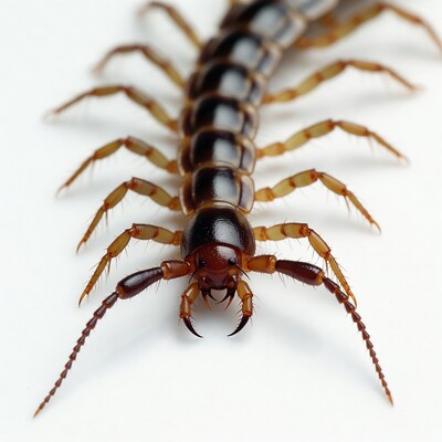 Closeup of centipede on white background