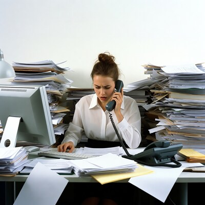Stressed woman on phone at cluttered desk