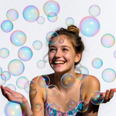 Girl smiling with colorful soap bubbles