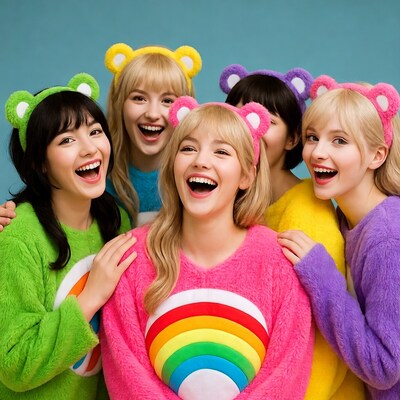 Asian girls in Care Bears costumes laughing