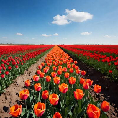Orange Tulips Path in Red Field