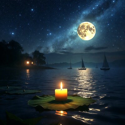 Candle on Lily Pad Night Lake