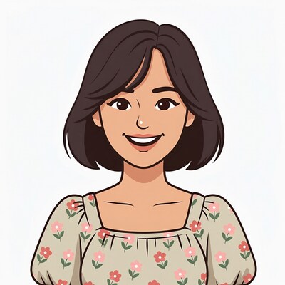 Smiling Asian woman in floral dress illustration