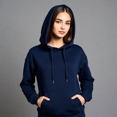 Young woman in navy blue hoodie
