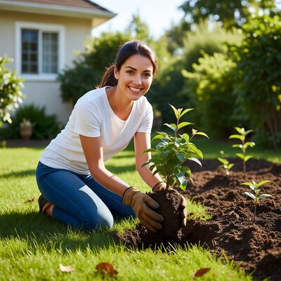 Woman planting tree in garden