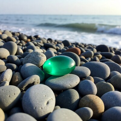 Green glass pebble on beach rocks