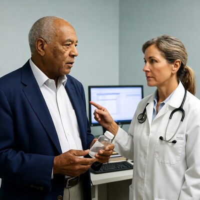 Elderly man discussing medicine bottle with doctor