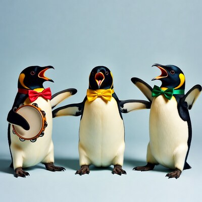Three penguins singing with tambourine