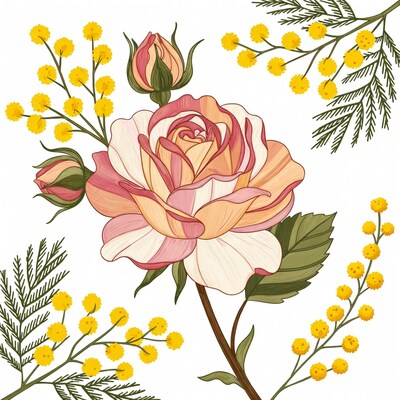 Pink Rose with Yellow Mimosa Illustration