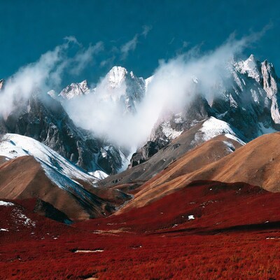 Snowy Mountains Over Red Grass Valley