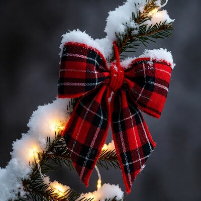 Red Plaid Bow on Snowy Christmas Branch