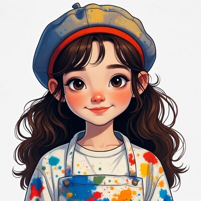 Asian girl in beret and paint-splattered smock