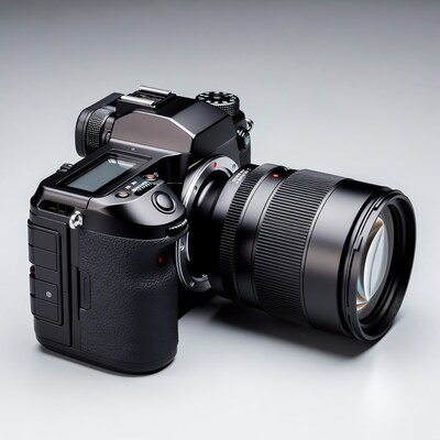 Black DSLR camera with telephoto lens