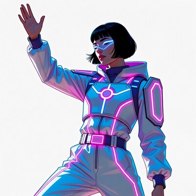 Asian woman in cyberpunk suit waving