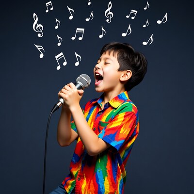 Asian boy singing with microphone