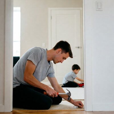 Father and son installing baseboard