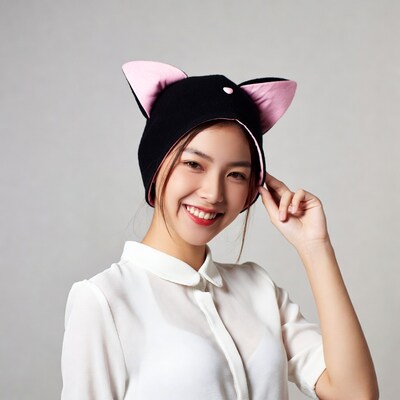 Asian woman in black cat ear hat