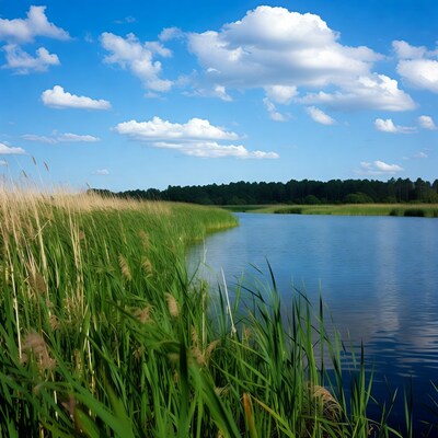 Reeds along blue river under sky
