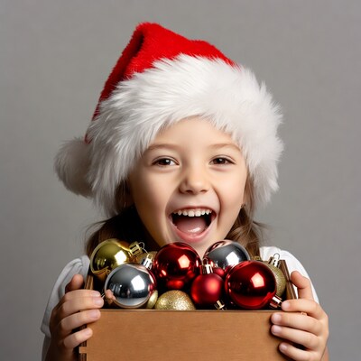 Girl in Santa hat holding Christmas ornaments