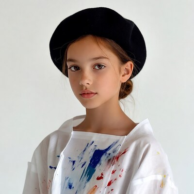 Girl in black beret with paint-splattered shirt