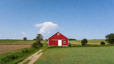 Red Barn in Green Fields