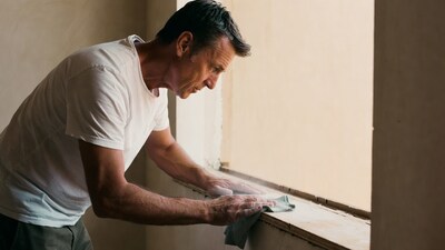 Man cleaning window sill with cloth