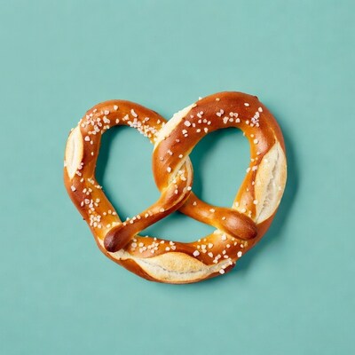 Salty pretzel on teal background