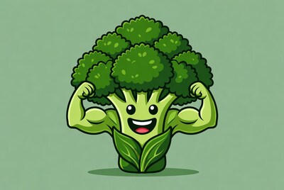 Muscular broccoli flexing arms cartoon