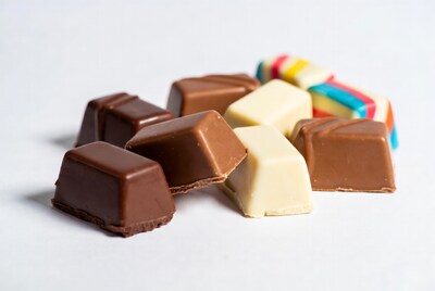 Assorted chocolate candies on white background