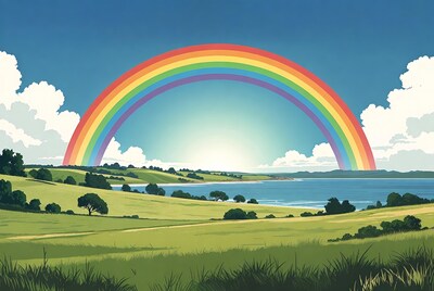 Rainbow over green fields and lake
