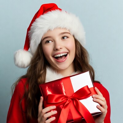 Girl smiling with Santa hat and red gift