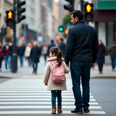 Father and girl waiting at crosswalk