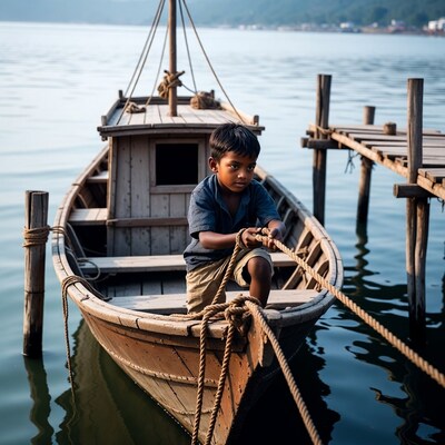 Young Asian boy on wooden boat dock
