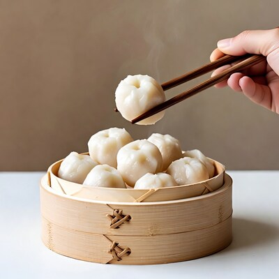 Steaming dumplings picked up by chopsticks