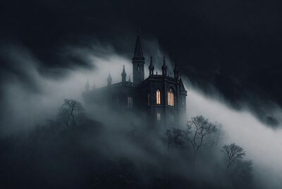 Gothic castle in thick fog