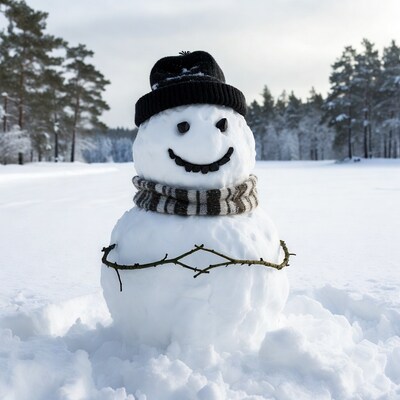 Smiling snowman in snowy forest