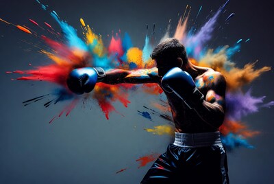 Boxer punching with colorful paint splashes