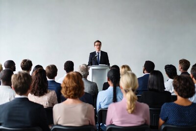 Man speaking at podium to audience