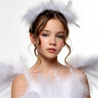 Girl in white feathered angel costume