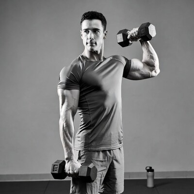 Muscular man lifting dumbbells